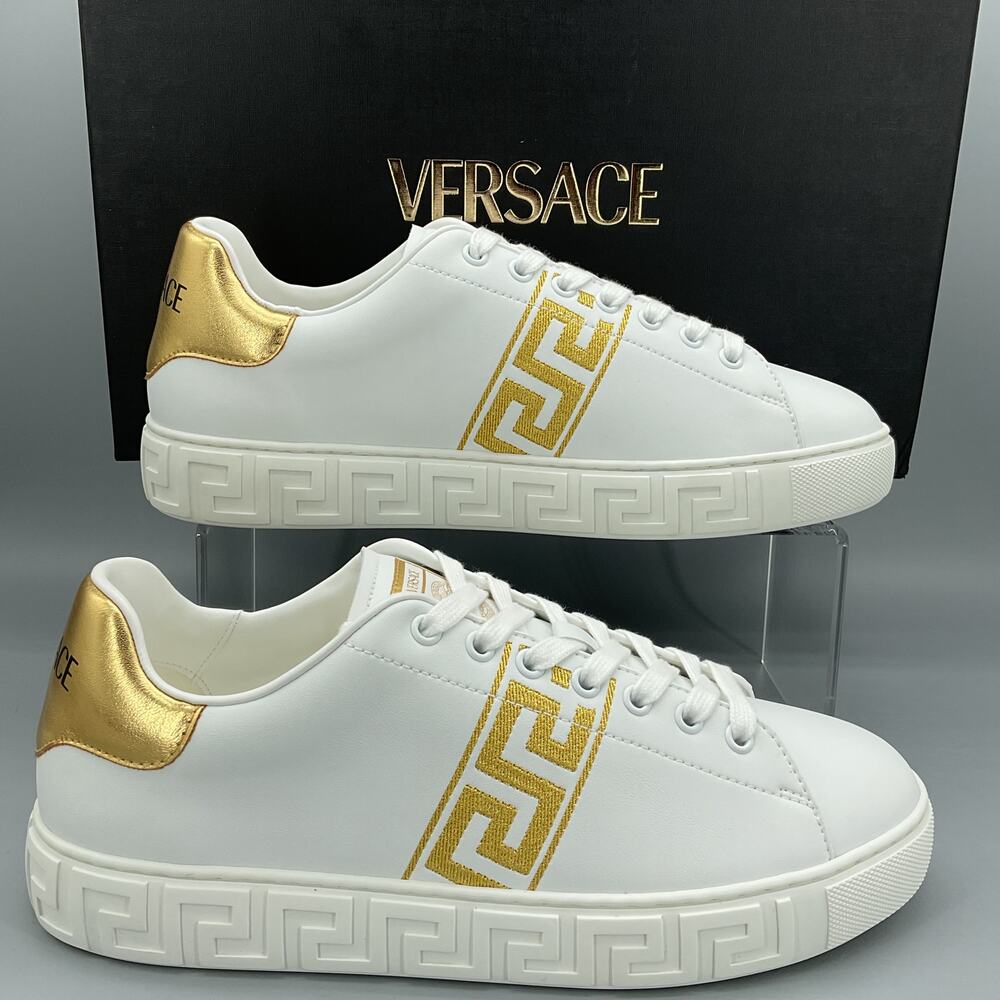 NEW Versace Women’s Greca Embroidered Nylon Sneakers White/Gold US 10/EU 40